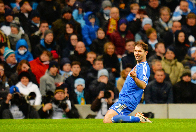 Branislav Ivanovic of Chelsea celebrates after scoring against Manchester City during their English Premier League match at Etihad Stadium in Manchester on Monday