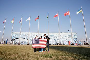 A general view of Americans holding a flag in the Olymnpic Park in Sochi