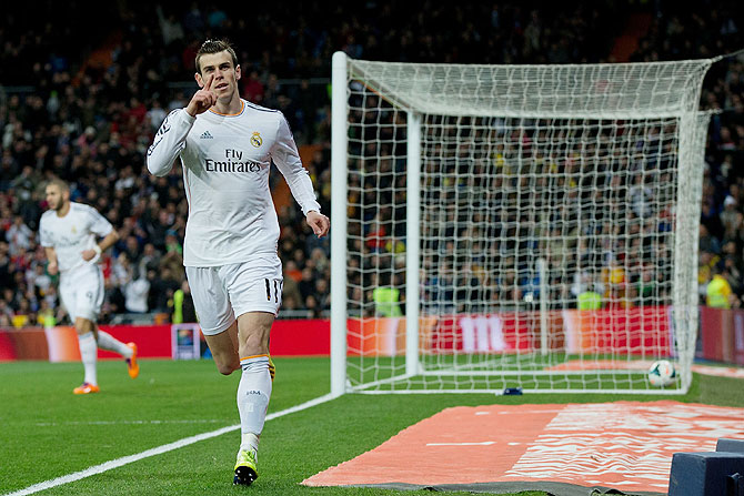 Gareth Bale of Real Madrid celebrates scoring the opening goal on Saturday
