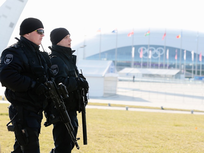 Security forces patrol the Olympic Park.