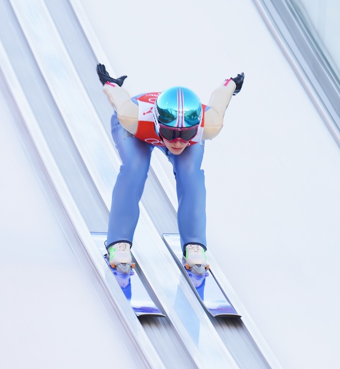 Evelyn Insam of Italy jumps during the Ladies' Normal Hill Individual Ski Jumping.