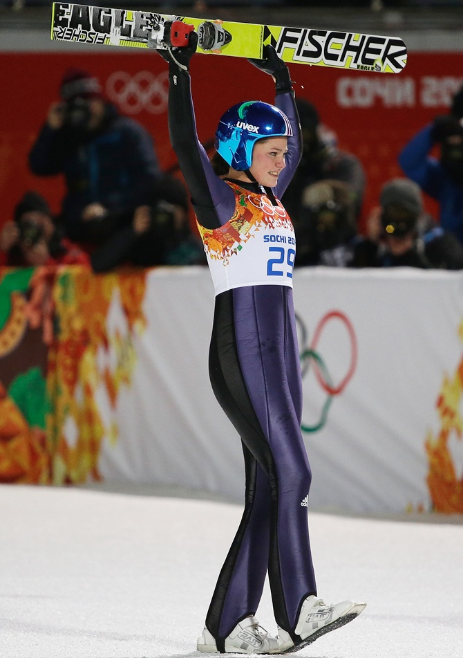 Carina Vogt of Germany celebrates winning the gold medal during the Ladies' Normal Hill Individual final.