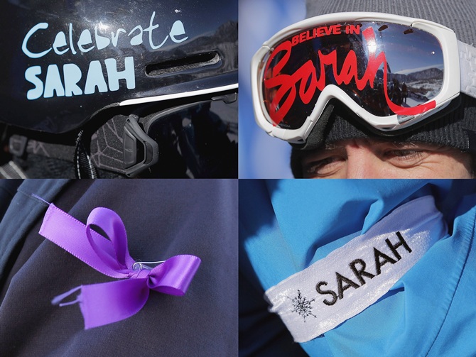 This composite image shows a number of ways competitors adorned themselves with items in rememberance of Canadian skier Sarah Burke