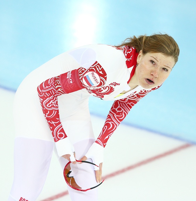 Olga Fatkulina of Russia reacts after competing during the Women's 500m Race 1 of 2 Speed Skating event.