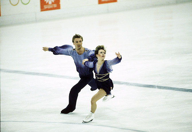 ayne Torvill and Christopher Dean of Great Britain on their way to winning gold medals in the Ice Dancing event during the Sarajevo Winter Olympic Games in Yugoslavia in 1984