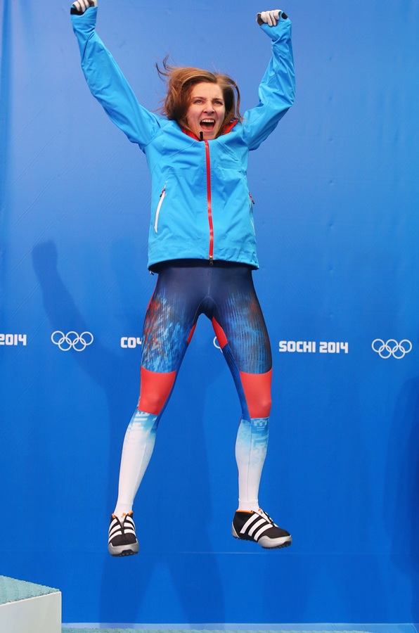 Bronze medalist Elena Nikitina of Russia celebrates.