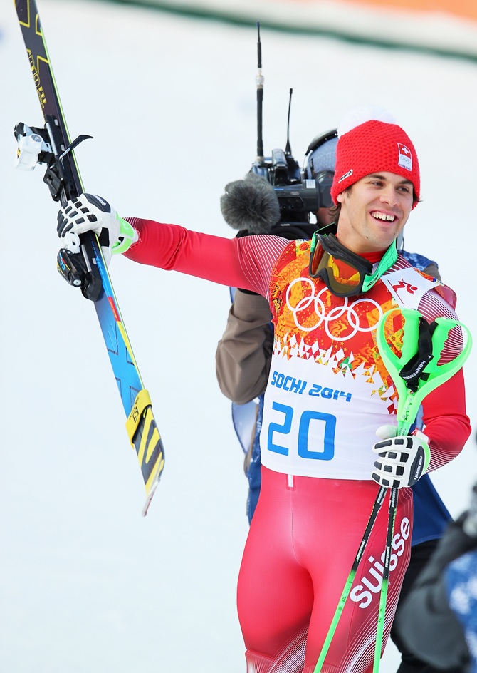 Sandro Viletta of Switzerland jubilates during the Alpine Skiing Men's Super Combined Downhill.