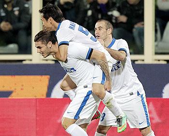 Mauro Icardi of Inter Milan celebrates after scoring against Fiorentina during their Serie A match at Stadio Artemio Franchi Florence on Saturday