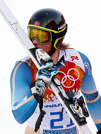 Kjetil Jansrud of Norway reacts after a run during the Alpine Skiing Men's Super-G on day 9 of the Sochi 2014 Winter Olympics at Rosa Khutor Alpine Center on Sunday