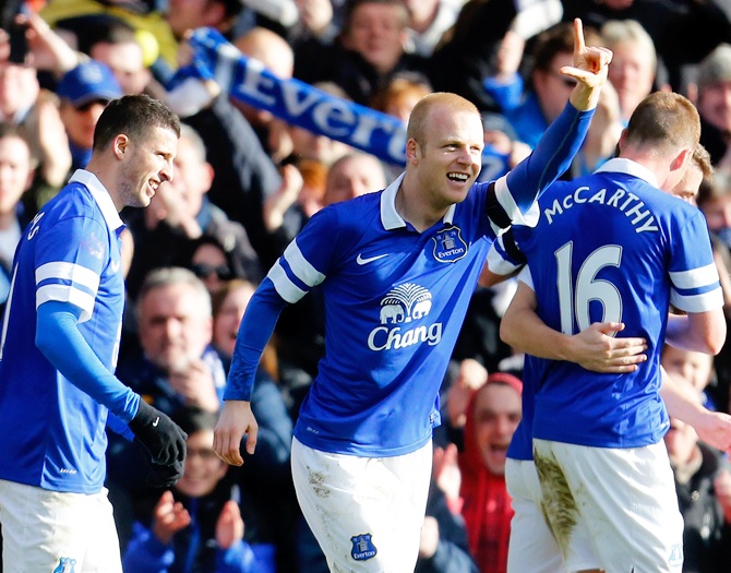 Steven Naismith of Everton celebrates his goal during the FA Cup match.
