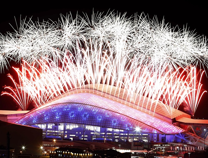 Fireworks explode over the Fisht Olympic Stadium during the closing ceremony.