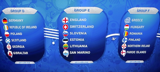 Teams drawn for the groups D, E and F are seen on a display during the UEFA Euro 2016 qualifying draw.
