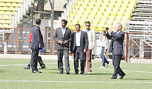 Inaki Alvarez (right) member of the FIFA delegation at the pitch inspection at Cooperage ground in Mumbai on Sunday