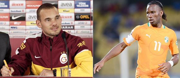 Wesley Sneijder, left) and Didier Drogba.