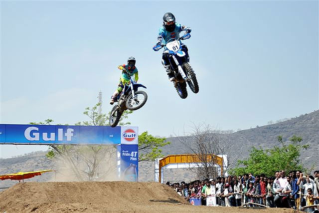 TVS Racing riders Harith Noah (01) and K P Aravind race in the Indian Expert Foreign class for motorcycle upto 500cc during the Gulf Supercross in Nashik on Sunday