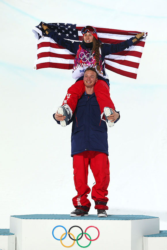 Maddie Bowman of the United States celebrates winning the gold medal in the Freestyle Skiing Ladies' Ski Halfpipe Finals with David Wise, gold medal winner in the Men's Ski Halfpipe