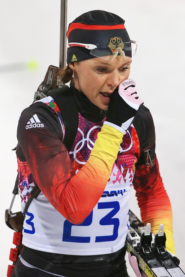 Evi Sachenbacher-Stehle of Germany looks exausted after finishing the Women's 12.5 km Mass.