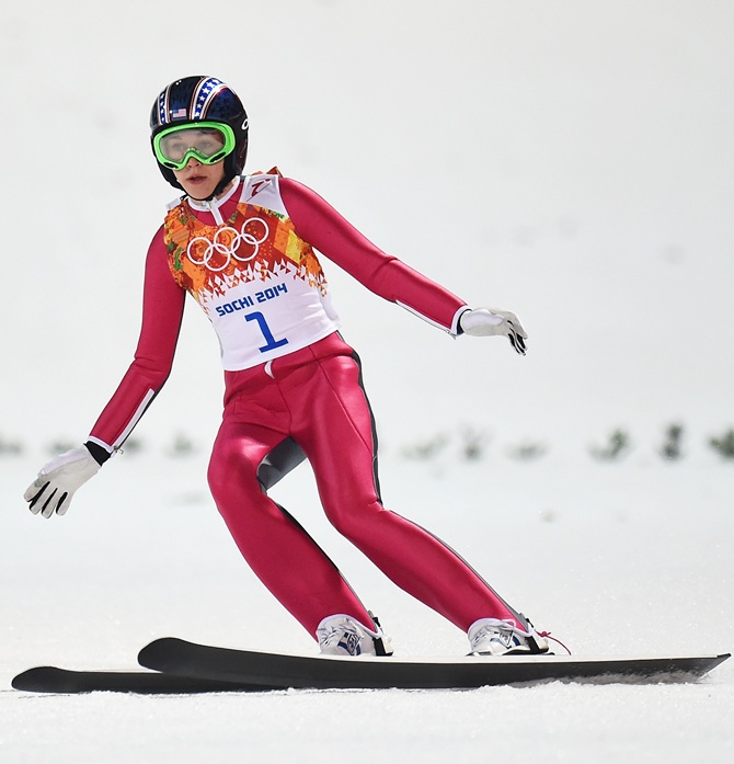 Sarah Hendrickson of the United States lands during the Ladies' Normal Hill Individual final round.