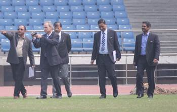 Inaki Alvarez, Deputy Director and Head of Event Management Competitions Division, FIFA, and Vijay Parthasarathy, Manager IT Competitions, during their inspection at the JLN Stadium in New Delhi.