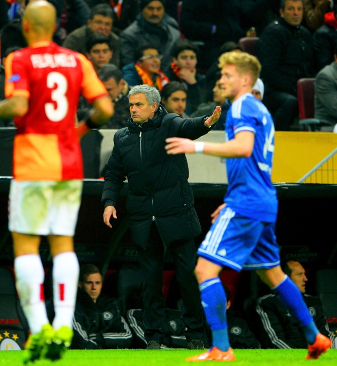 Jose Mourinho manager of Chelsea gives instructions during the UEFA Champions match against Galatasaray.