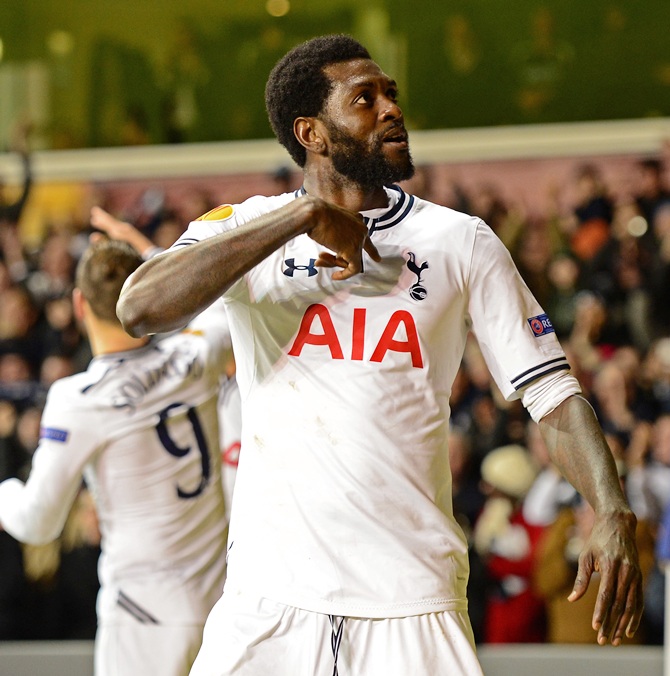 Emmanuel Adebayor of Tottenham Hotspur celebrates.