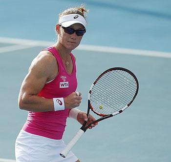 Sam Stosur of Australia celebrates winning a point in her first round match against Madison Brengle of the USA during day two of the Moorilla Hobart International at Domain Tennis Centre in Hobart on Monday