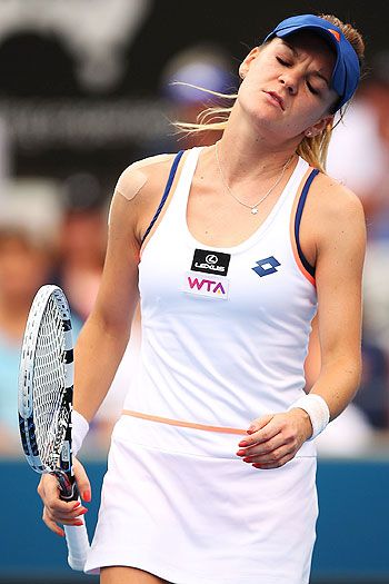 Agnieszka Radwanska of Poland shows signs of frustration in her second round match against Bethanie Mattek-Sands of the USA during day three of the 2014 Sydney International at Sydney Olympic Park Tennis Centre on Tuesday
