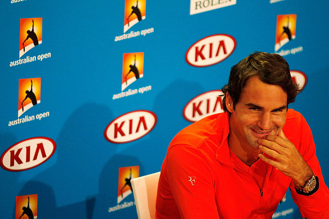 Roger Federer of Switzerland speaks at a press conference on Saturday