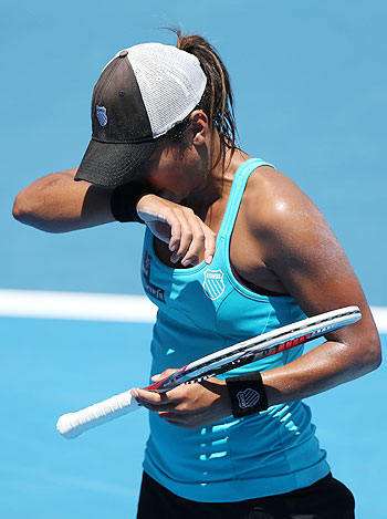 Heather Watson of Great Britain reacts during her first round match against Daniela Hantuchova of Slovakia on Monday