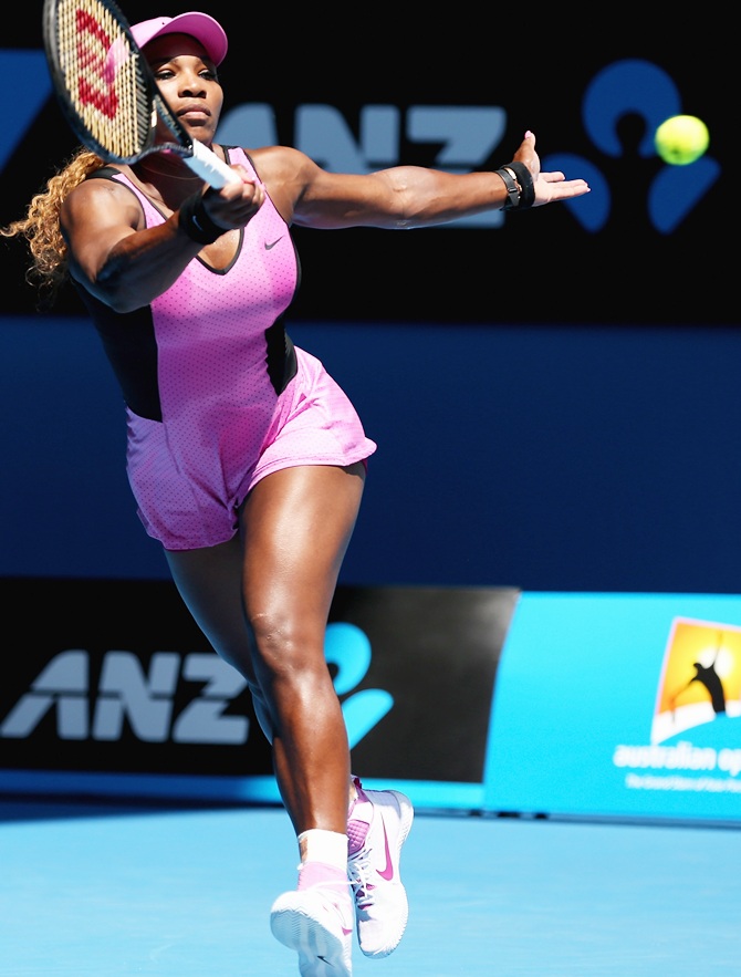 Serena Williams plays a forehand against Daniela Hantuchova