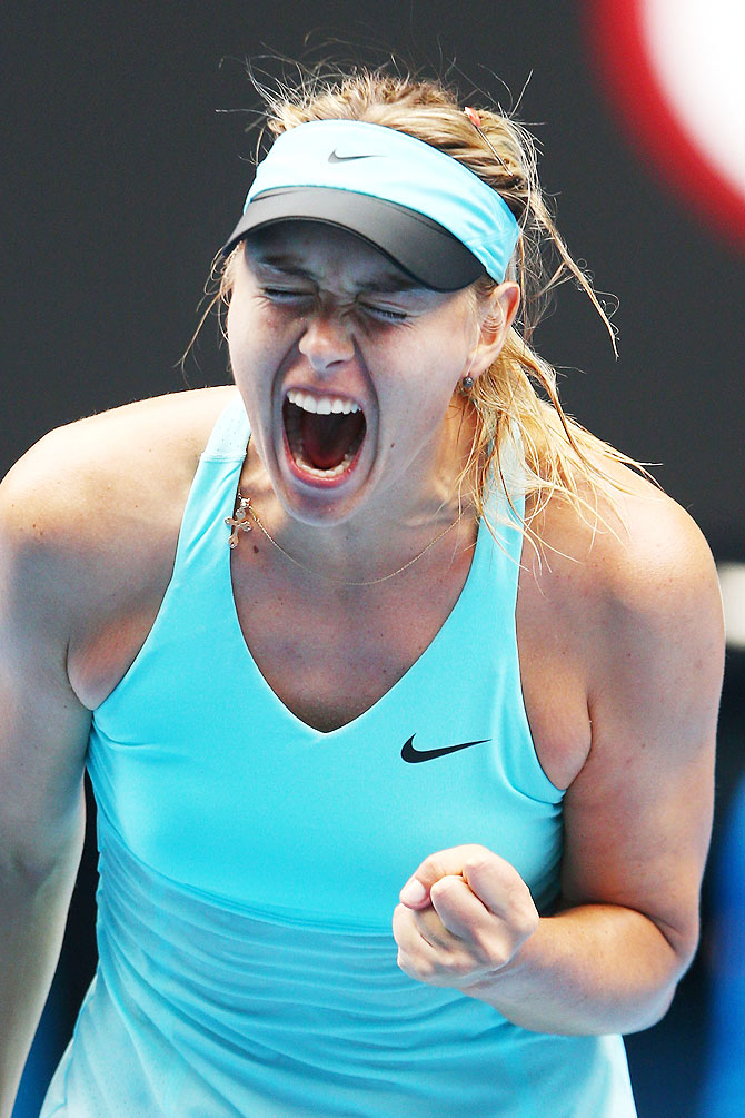 Maria Sharapova of Russia celebrates a point in her third round match against Alize Cornet of France 