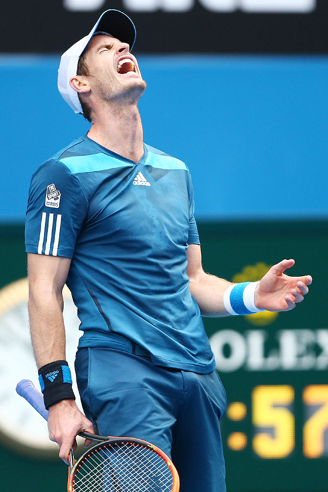 Andy Murray of Great Britain reacts to a point in his third round match against Feliciano Lopez of Spain on Saturday