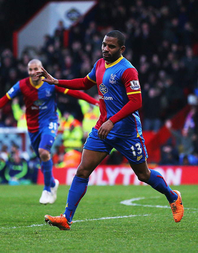Jason Puncheon of Crystal Palace celebrates after scoring the opening goal against Stoke City at Selhurst Park in London on Saturday
