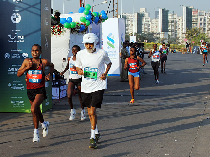 A senior citizen participates in the Marathon on Sunday