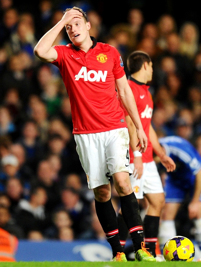Phil Jones of Manchester United shows his frustration