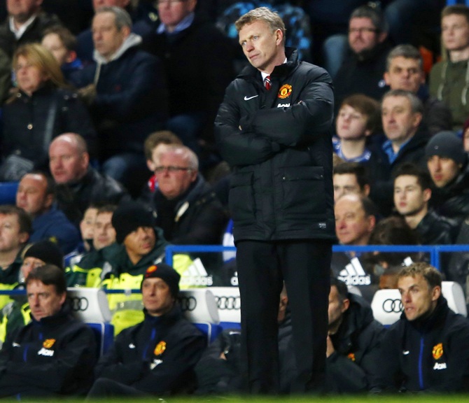 Manchester United manager David Moyes watches from the touchline