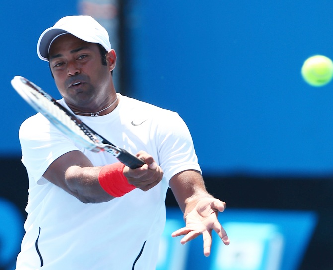 Leander Paes of India plays a forehand