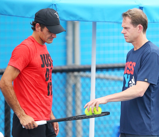 Roger Federer of Switzerland and his coach Stefan Edberg