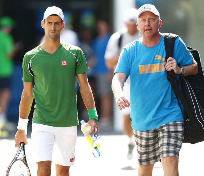 Novak Djokovic of Serbia and his coach Boris Becker