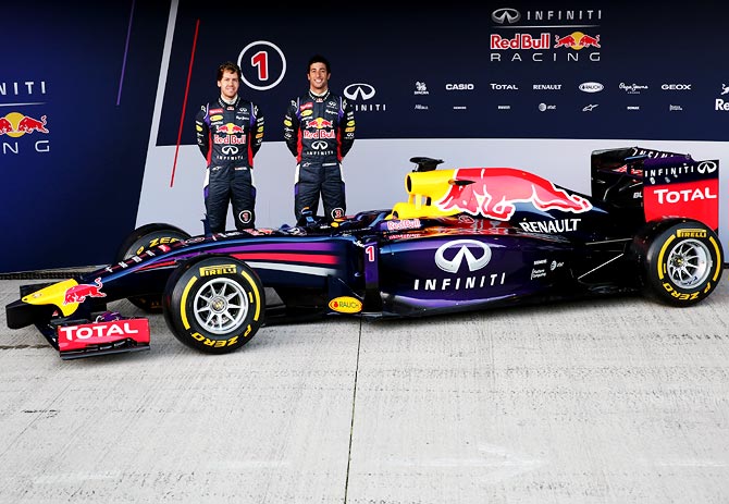 Sebastian Vettel (left) and Daniel Ricciardo at the launch of Red Bull's new F1 car RB10