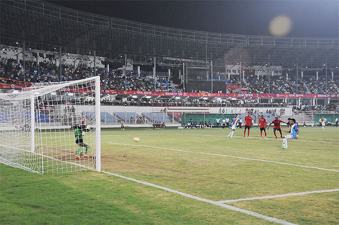 Goa (India's) Brandon Fernandes converts a penalty 
