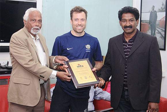 WIFA Hon. Gen. Secretary, Souter Vaz (left) and WIFA CEO, Henry Menezes (right) present a memento to Anthony Frost, Grassroots Instructor from Melbourne, Australia, during the FFA-AIFF Grassroots Festival organised by the Western India Football Association (WIFA) at the Cooperage ground on Wednesday