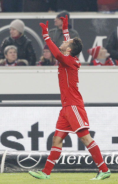 Bayern Munich's Thiago celebrates a goal against Stuttgart during the German first division Bundesliga soccer match in Stuttgart