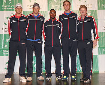 The United States Davis Cup team L-R Mike Bryan,Bob Bryan,Donald Young,Sam Querrey and captain Jim Courier prior to the Davis Cup World Group first round between the U.S. and Great Britain at PETCO Park in San Diego, California, on Thursday