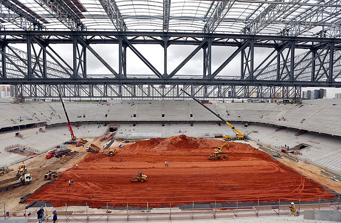 The pitch is seen as construction continues at the Arena da Baixada