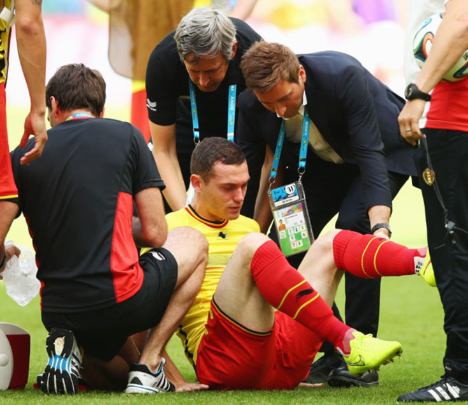 Thomas Vermaelen of Belgium receives treatment during warm ups prior to the 2014 FIFA World Cup Brazil Group H match between Belgium and Russia at Maracana on June 22