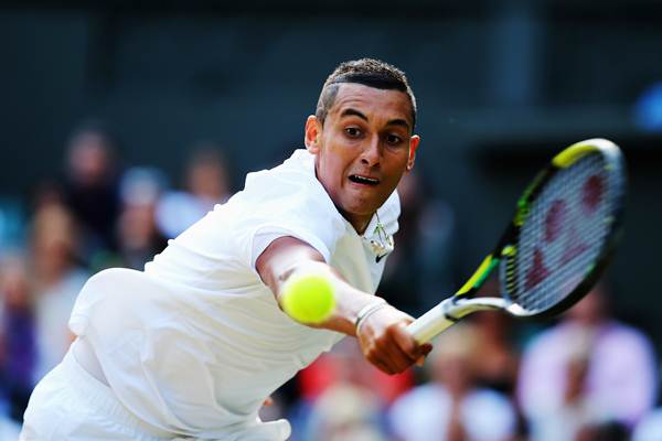 Nick Kyrgios of Australia during his fourth round match against Rafael Nadal of Spain on day eight of the Wimbledon Lawn Tennis Championships at the All England Lawn Tennis and Croquet Club.