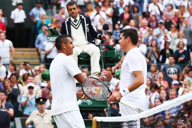 Milos Raonic of Canada shakes hands with Nick Kyrgios after their quarter-final match