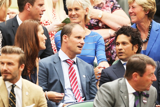 Andrew Strauss and Sachin Tendulkar in the Royal box; David Beckham is seated in front