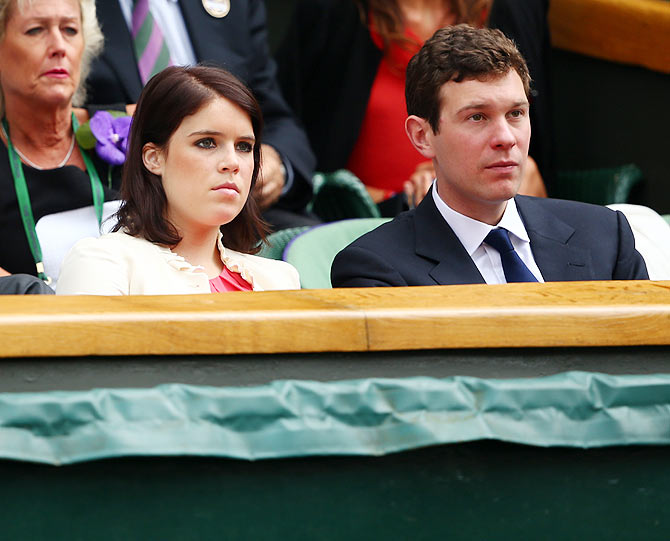 Princess Eugenie of York sits in the Royal Box on Centre Court before the Ladies' Singles final match between Eugenie Bouchard of Canada and Petra Kvitova of Czech Republic on Saturday
